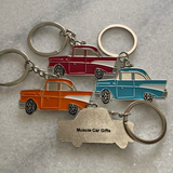 1957 Chevrolet Bel Air metal keyrings in black red blue and orange classic Chevy gifts