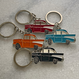 1957 Chevrolet Bel Air metal keyrings in black red blue and orange classic Chevy gifts