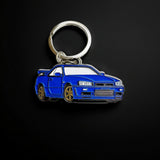 Bayside Blue Nissan Skyline GT-R R34 metal keyring with gold wheels