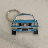 Blue Mazda RX3 metal keychain close up view