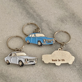 Ford Mk1 RS Escort metal keyrings in white yellow and blue classic rally car gifts