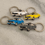 Holden HK Monaro metal keyrings in blue yellow silver and white classic Aussie car gifts