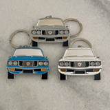 Mazda RX3 metal keyrings in silver blue and white classic JDM rotary gifts

