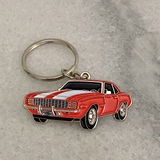 Red 1969 Chevrolet Camaro RS metal keychain close up view
