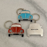 Retro bug metal car keyrings in pale blue white and red vintage car gifts