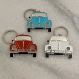Retro bug metal car keyrings in pale blue white and red vintage car gifts