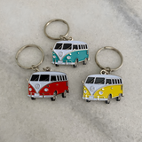 Retro surf van small metal keyrings in aqua red and yellow vintage camper gifts